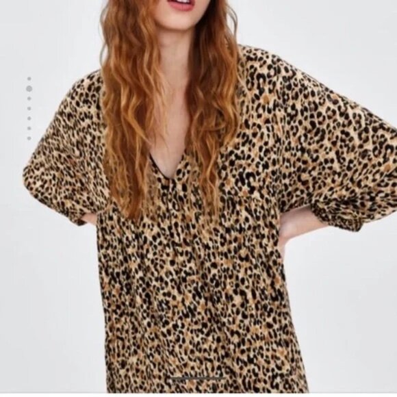 ZARA TRF | Leopard Print Babydoll Empire Waist 3/4 Sleeve Lined Mini Dress XS - Picture 1 of 11